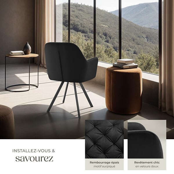 TECTAKE - Lot 4 fauteuils pivotants 180° velours rembourrés motif matelassé noir - large