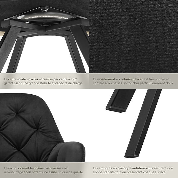 TECTAKE - Lot 4 fauteuils pivotants 180° velours rembourrés motif matelassé noir - large