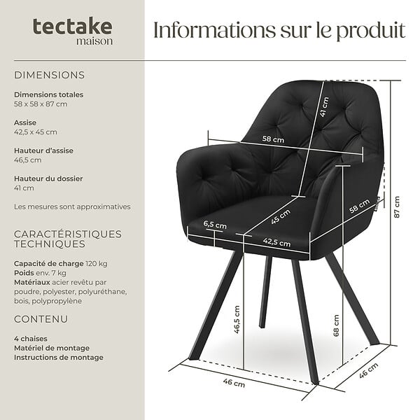 TECTAKE - Lot 4 fauteuils pivotants 180° velours rembourrés motif matelassé noir - large