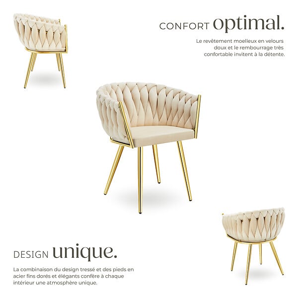 TECTAKE - Lot 4 chaises de salle à manger en velours design noué sable/or - large
