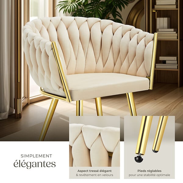TECTAKE - Lot 4 chaises de salle à manger en velours design noué sable/or - large