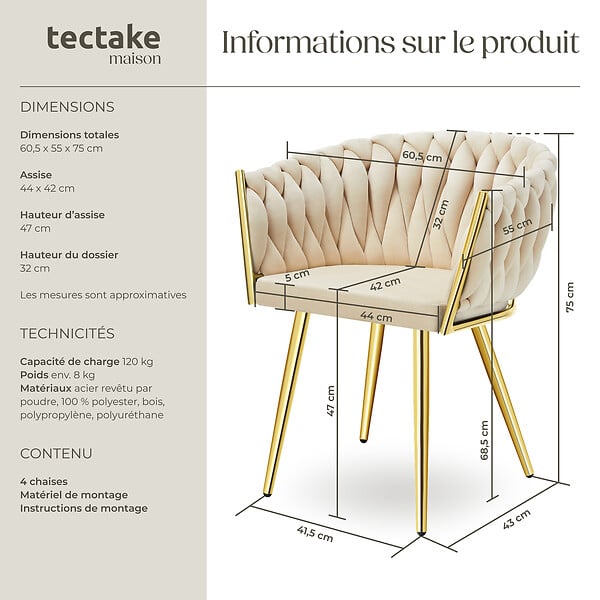 TECTAKE - Lot 4 chaises de salle à manger en velours design noué sable/or - large