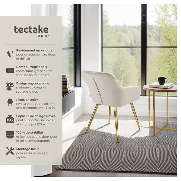 TECTAKE - Ensemble de 6 chaises rembourrées aspect velours taupe/or - large