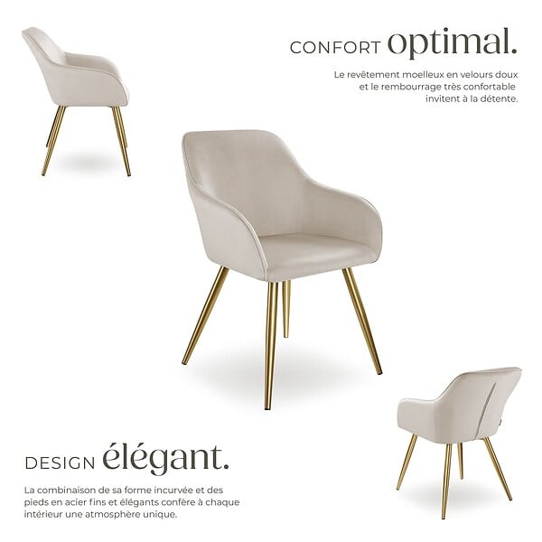TECTAKE - Ensemble de 6 chaises rembourrées aspect velours taupe/or - large
