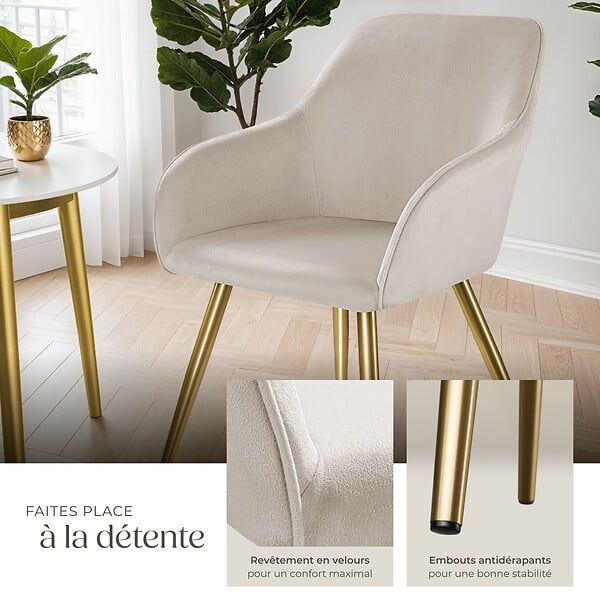 TECTAKE - Ensemble de 6 chaises rembourrées aspect velours taupe/or - large
