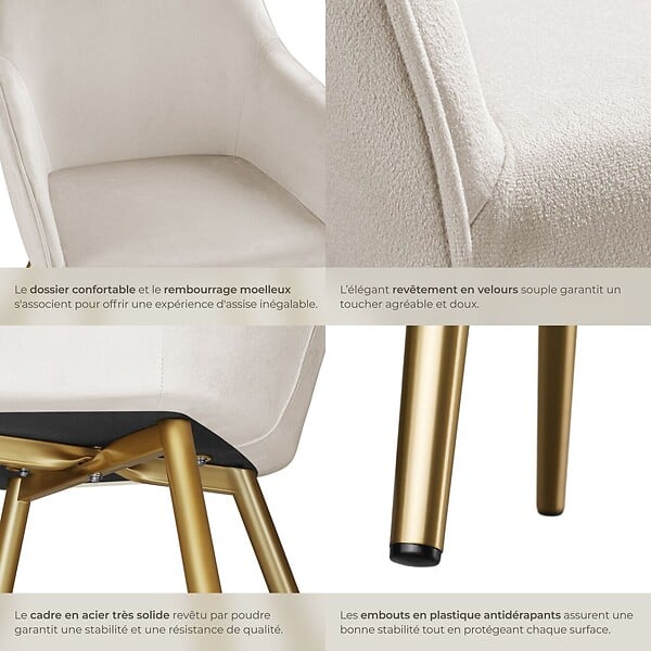 TECTAKE - Ensemble de 6 chaises rembourrées aspect velours taupe/or - large