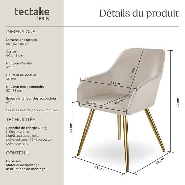 TECTAKE - Ensemble de 6 chaises rembourrées aspect velours taupe/or - large