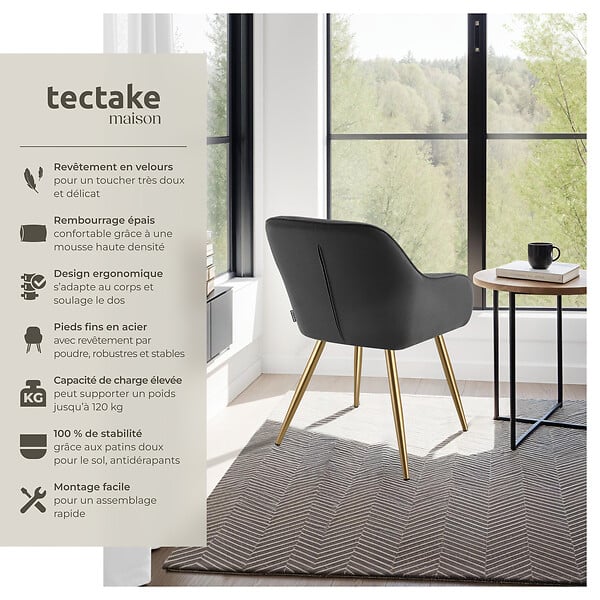 TECTAKE - Chaise élégante aspect corde avec forme ergonomique anthracite/doré - large
