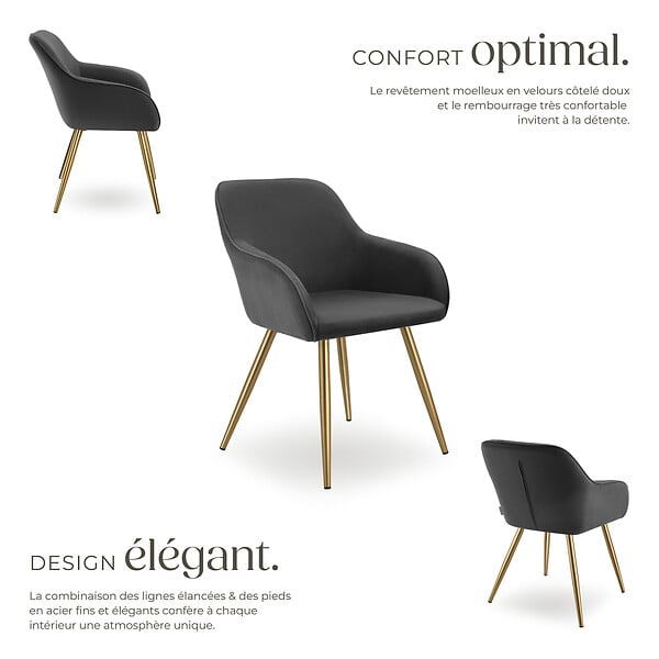 TECTAKE - Chaise élégante aspect corde avec forme ergonomique anthracite/doré - large