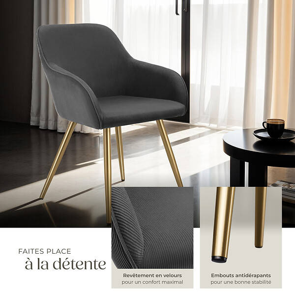 TECTAKE - Chaise élégante aspect corde avec forme ergonomique anthracite/doré - large