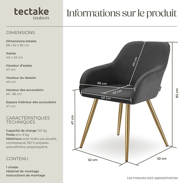TECTAKE - Chaise élégante aspect corde avec forme ergonomique anthracite/doré - large