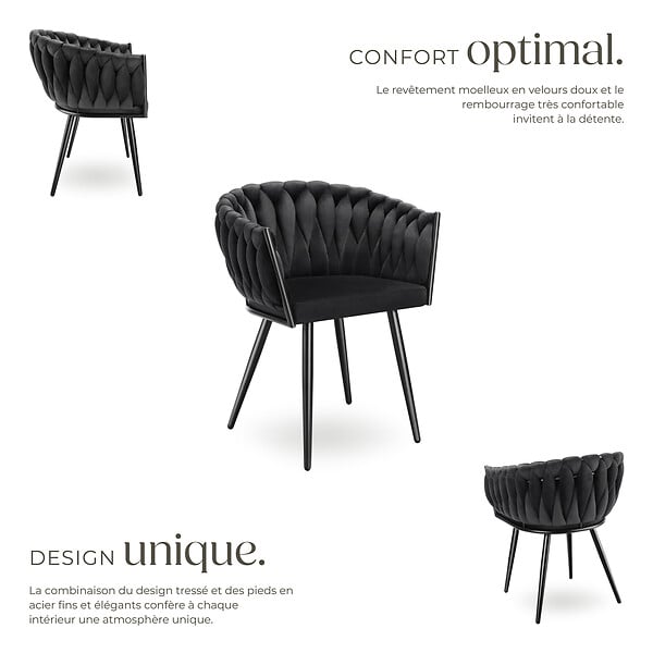 TECTAKE - Lot 6 chaises de salle à manger en velours design noué noires - large