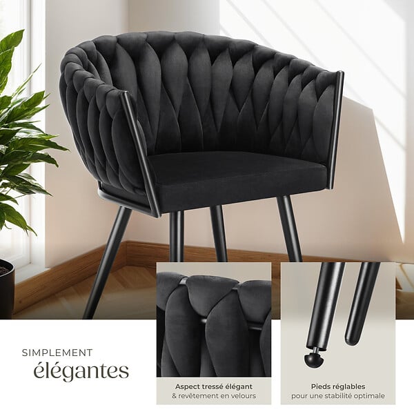 TECTAKE - Lot 6 chaises de salle à manger en velours design noué noires - large