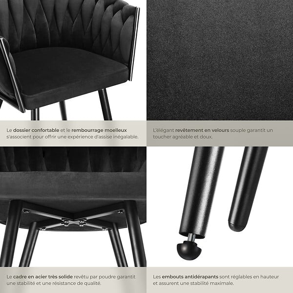 TECTAKE - Lot 6 chaises de salle à manger en velours design noué noires - large