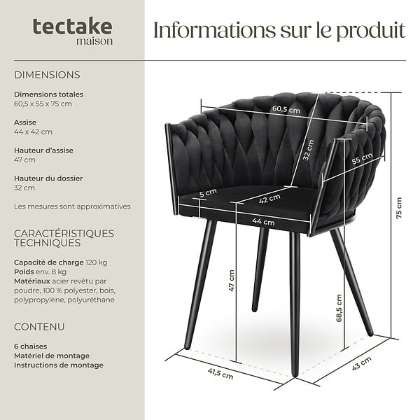 TECTAKE - Lot 6 chaises de salle à manger en velours design noué noires - large
