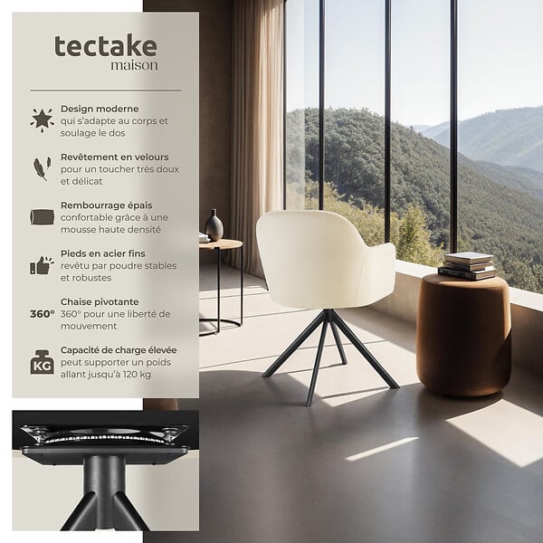 TECTAKE - Lot 2 chaises pivotantes à 360° en velours avec rembourrage crème/noir - large