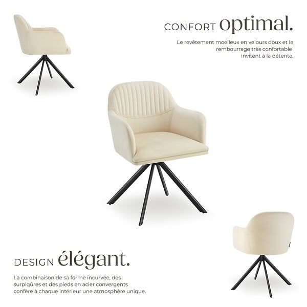 TECTAKE - Lot 2 chaises pivotantes à 360° en velours avec rembourrage crème/noir - large