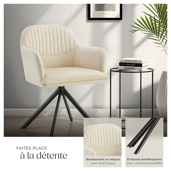 TECTAKE - Lot 2 chaises pivotantes à 360° en velours avec rembourrage crème/noir - large