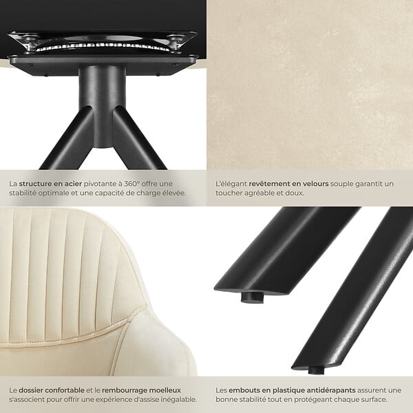 TECTAKE - Lot 2 chaises pivotantes à 360° en velours avec rembourrage crème/noir - large