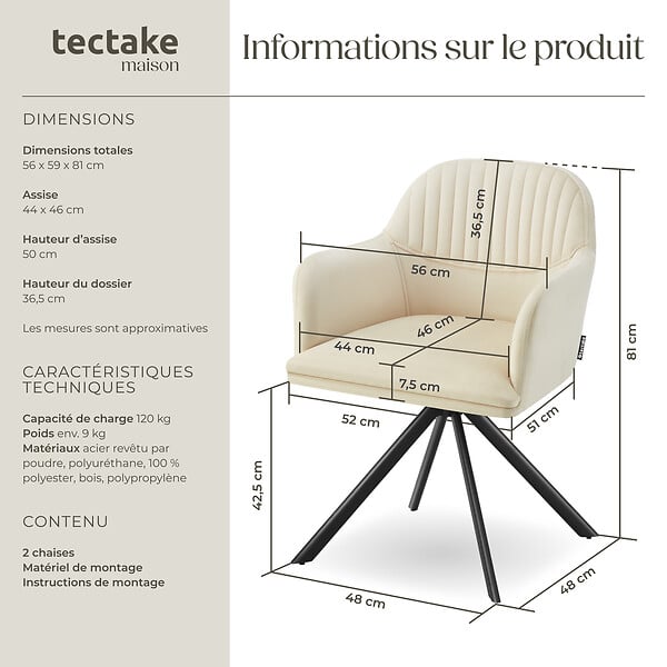 TECTAKE - Lot 2 chaises pivotantes à 360° en velours avec rembourrage crème/noir - large