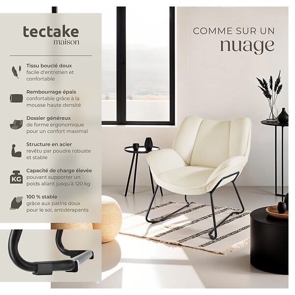 TECTAKE - Fauteuil revêtement rembourré en bouclettes dossier large crème/blanc - large