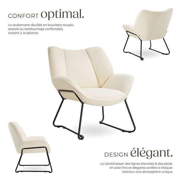 TECTAKE - Fauteuil revêtement rembourré en bouclettes dossier large crème/blanc - large