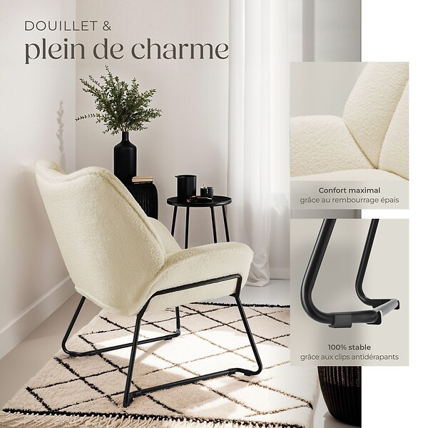 TECTAKE - Fauteuil revêtement rembourré en bouclettes dossier large crème/blanc - large