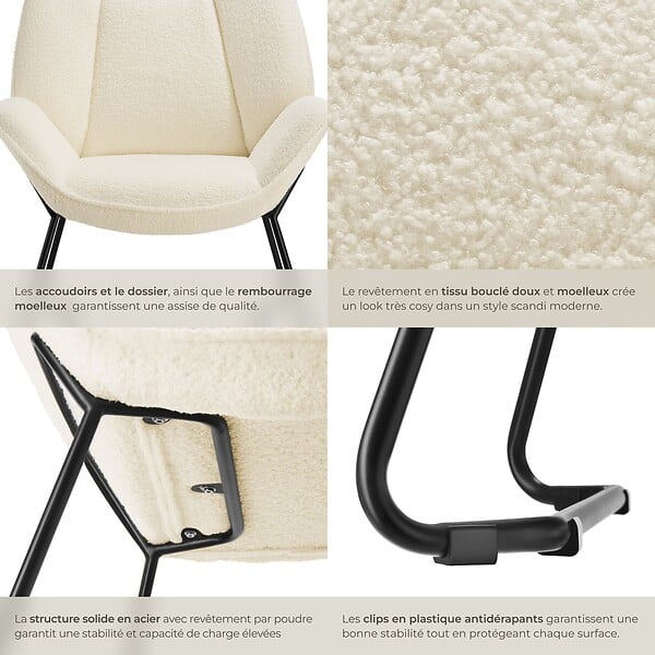 TECTAKE - Fauteuil revêtement rembourré en bouclettes dossier large crème/blanc - large