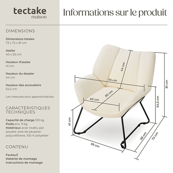 TECTAKE - Fauteuil revêtement rembourré en bouclettes dossier large crème/blanc - large