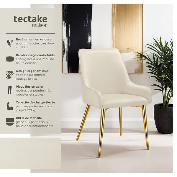 TECTAKE - Lot 6 chaises rembourrées aspect velours forme ergonomique beige - large