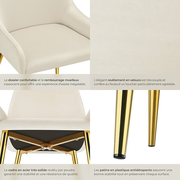 TECTAKE - Lot 6 chaises rembourrées aspect velours forme ergonomique beige - large