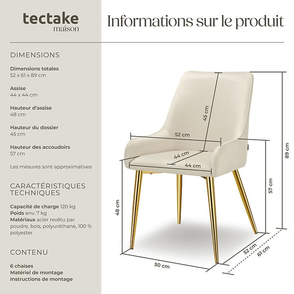 TECTAKE - Lot 6 chaises rembourrées aspect velours forme ergonomique beige - large