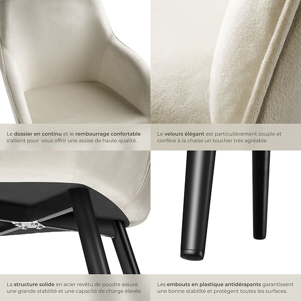 TECTAKE - Ensemble de 4 chaises cuir synthétique aspect velours crème/noir - large