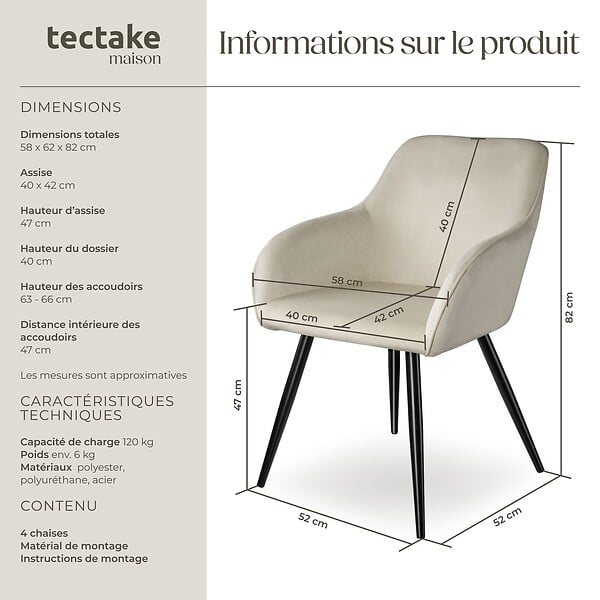 TECTAKE - Ensemble de 4 chaises cuir synthétique aspect velours crème/noir - large