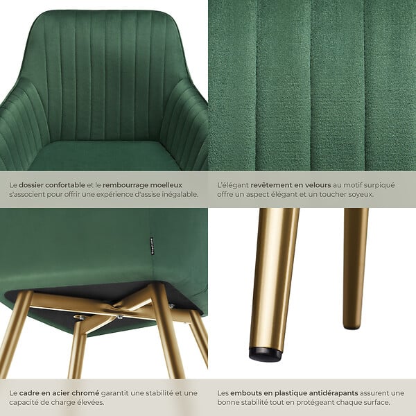 TECTAKE - Chaise de salle à manger aspect velours matelassé vert/or - large