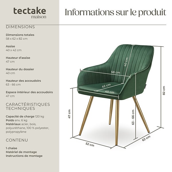 TECTAKE - Chaise de salle à manger aspect velours matelassé vert/or - large