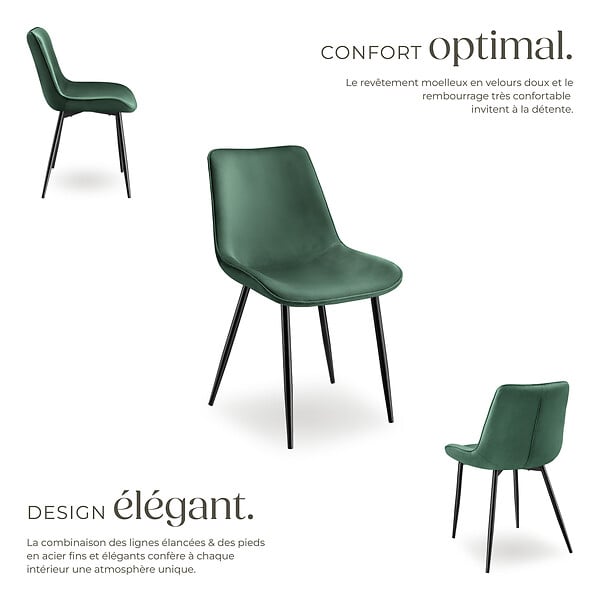 TECTAKE - Lot de 6 chaises Rembourrées aspect velours Ergonomique vert foncé - large