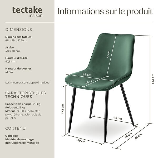 TECTAKE - Lot de 6 chaises Rembourrées aspect velours Ergonomique vert foncé - large