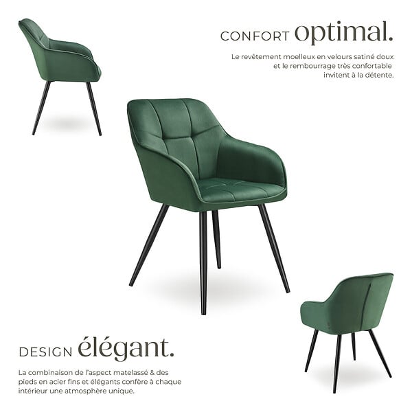 TECTAKE - Lot 4 chaises rembourrées en velours matelassé et dossier vert foncé - large