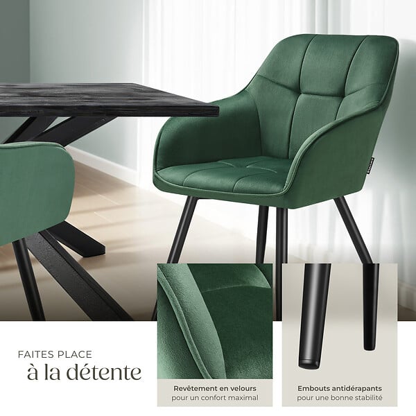TECTAKE - Lot 4 chaises rembourrées en velours matelassé et dossier vert foncé - large