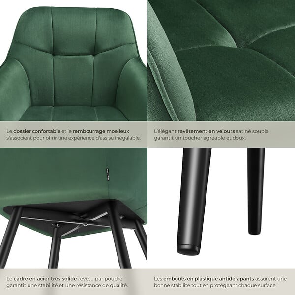 TECTAKE - Lot 4 chaises rembourrées en velours matelassé et dossier vert foncé - large