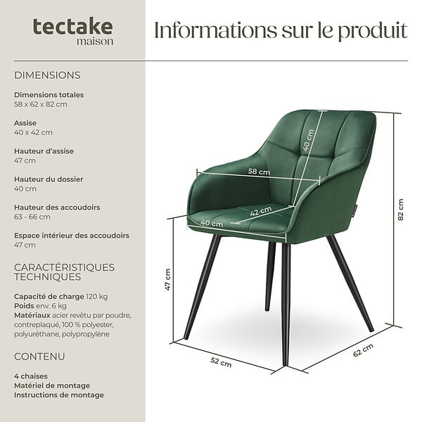 TECTAKE - Lot 4 chaises rembourrées en velours matelassé et dossier vert foncé - large