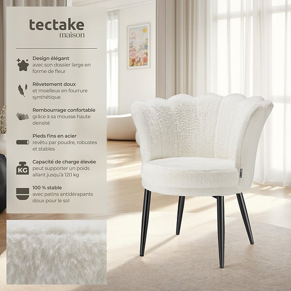 TECTAKE - Fauteuil rembourrage épais revêtement fourrure synthétique crème/noir - large
