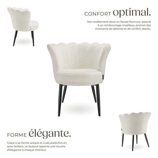 TECTAKE - Fauteuil rembourrage épais revêtement fourrure synthétique crème/noir - large
