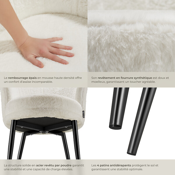 TECTAKE - Fauteuil rembourrage épais revêtement fourrure synthétique crème/noir - large