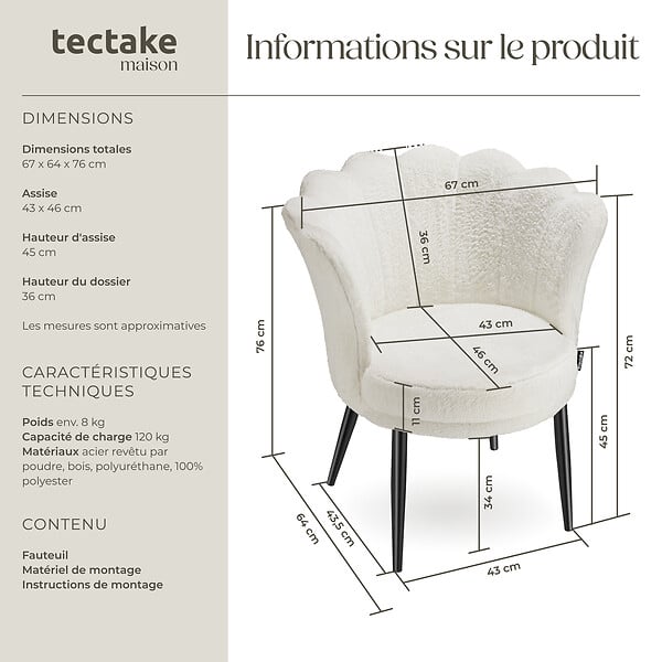 TECTAKE - Fauteuil rembourrage épais revêtement fourrure synthétique crème/noir - large