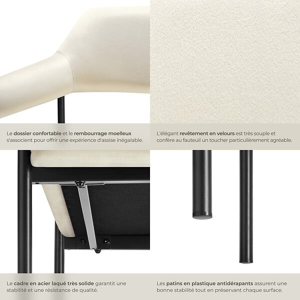 TECTAKE - Lot 2 fauteuils rembourrés avec pieds en acier dossier continu blanc - large