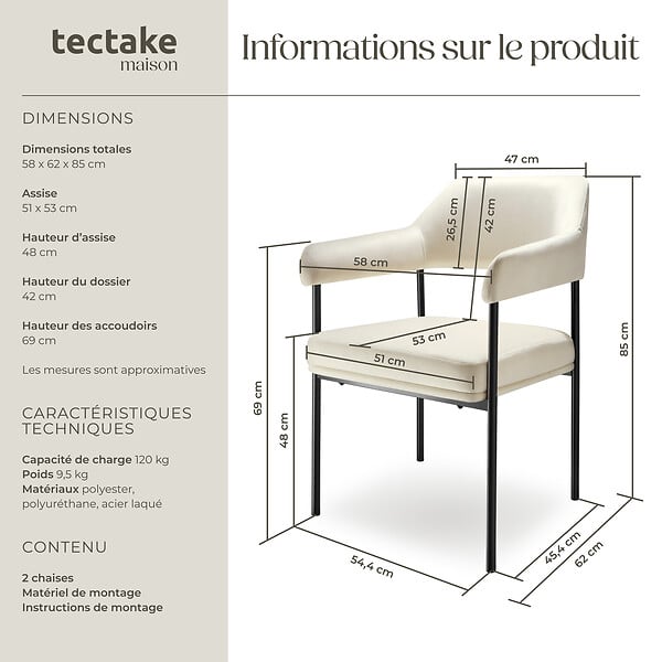 TECTAKE - Lot 2 fauteuils rembourrés avec pieds en acier dossier continu blanc - large