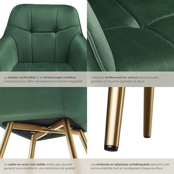 TECTAKE - Chaise de salle à manger avec aspect velours capitonné vert/doré - large
