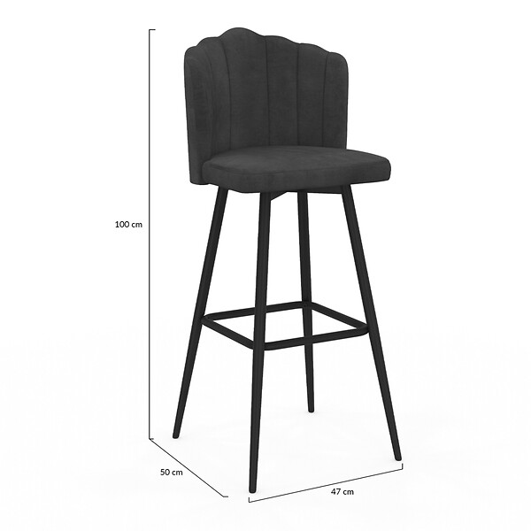 ID MARKET - Lot de 2 tabourets de bar coquillage ADELLA gris anthracite en velours pieds noirs - large